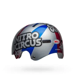 Bell Local BMX/Skate Helmet - Nitro Circus Gloss Silver/Blue/Red -Sportfu Bike Gear Shop bell local bmx skate helmet nitro circus gloss silver blue red back left 1
