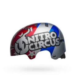 Bell Local BMX/Skate Helmet - Nitro Circus Gloss Silver/Blue/Red -Sportfu Bike Gear Shop bell local bmx skate helmet nitro circus gloss silver blue red left 3